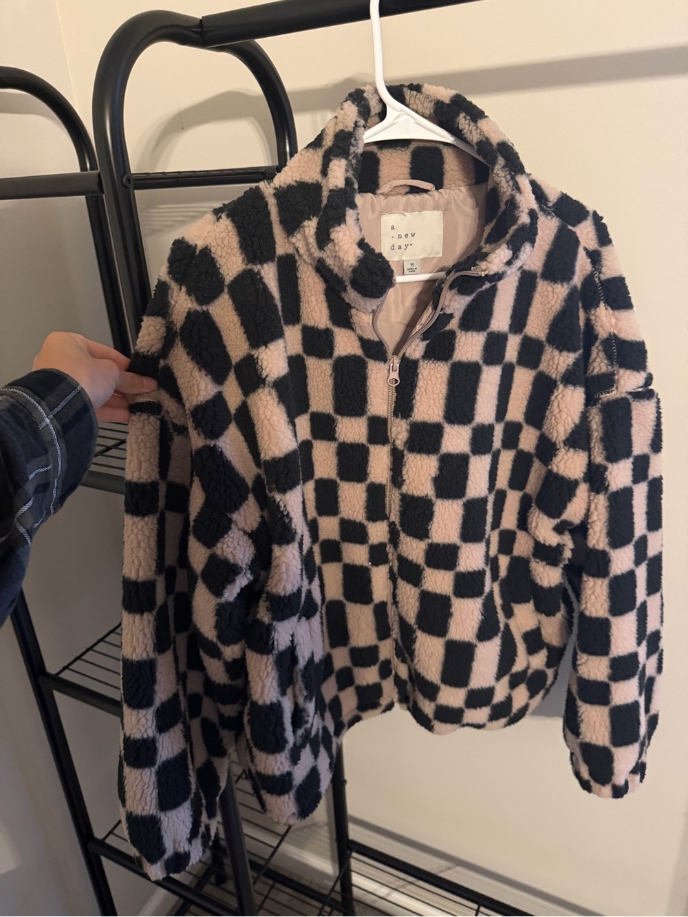 A New Day Women's Black Pink Checkered Sherpa Lined Zip-Up Jacket Size M Medium